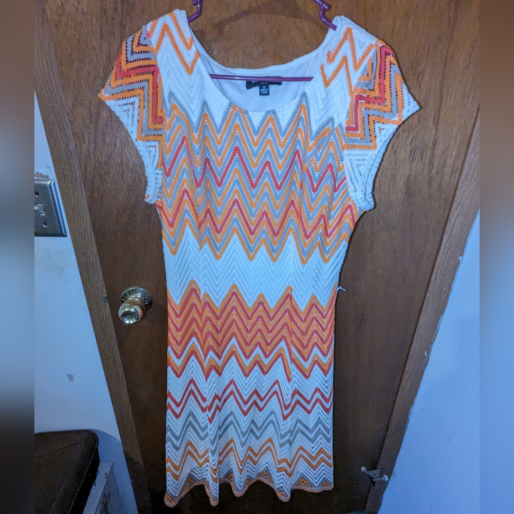 Multi Color Orange Hot Pink Gray Cream Chevron Print Cap Sleeve Dress Sz 14